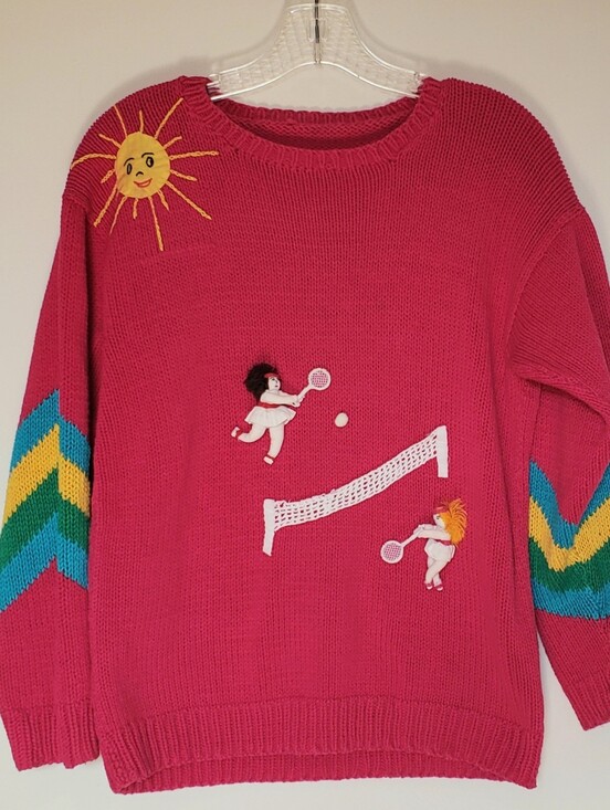 Vintage Sweaters - Vintage 1980s Raquel's Collection handmade knit crochet tennis 3D cotton sweater